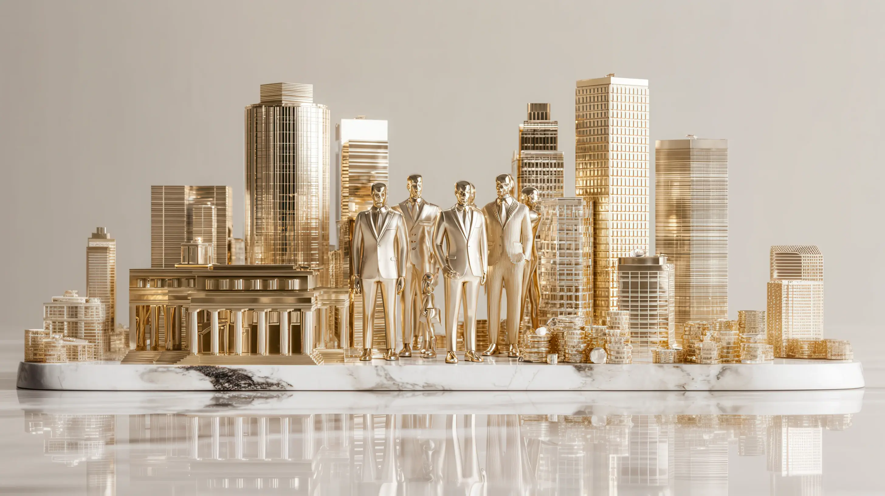 Premium business banking with golden cityscape and executives