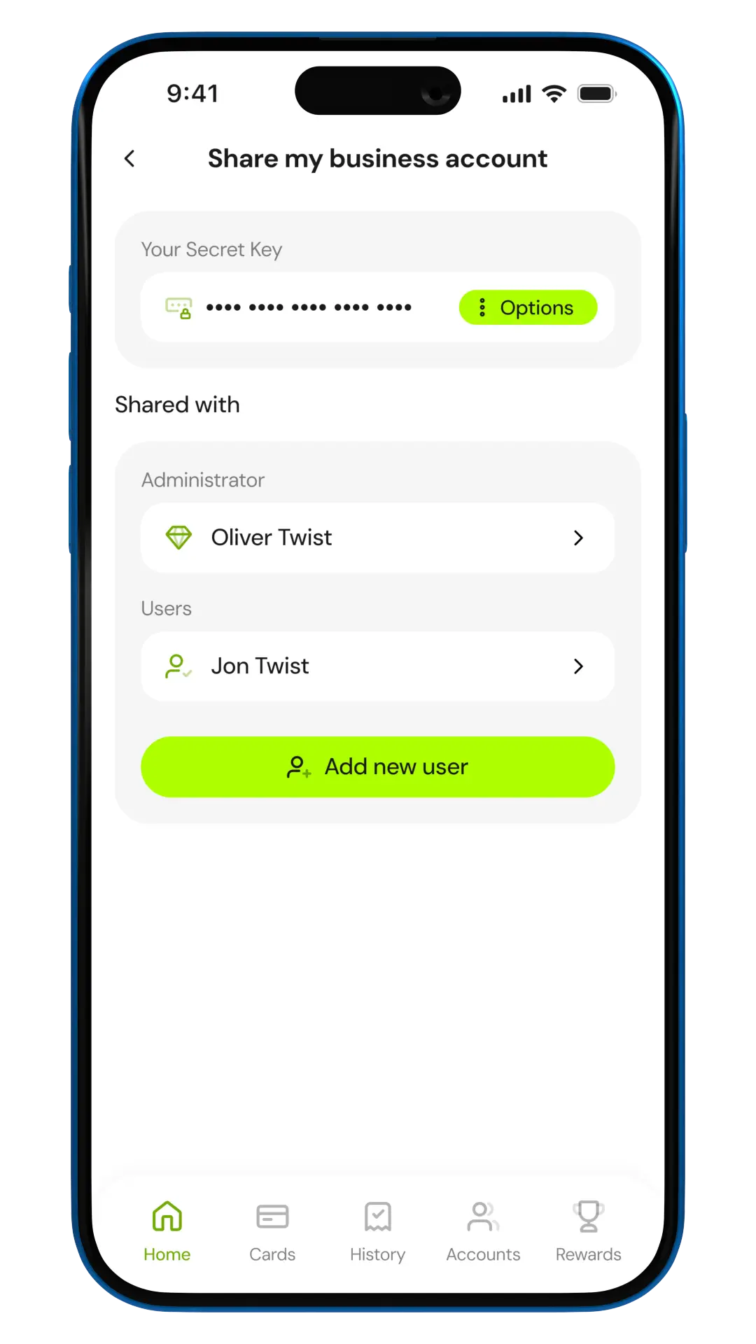 Share my business account screen showing secret key and shared users