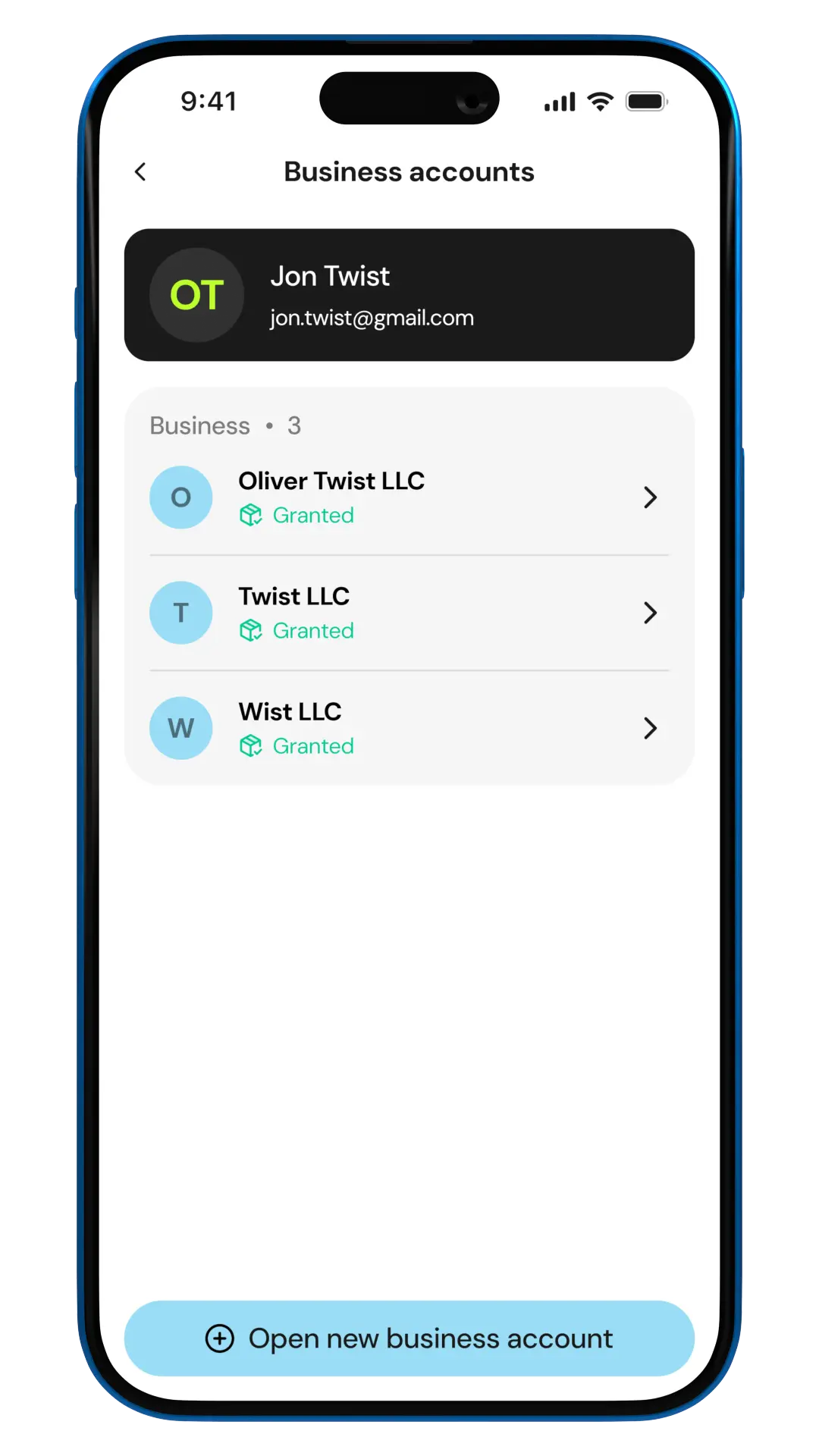 Business accounts list showing granted companies