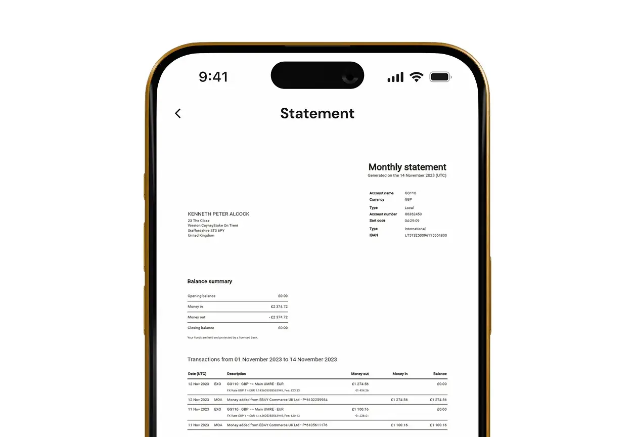 Detailed monthly bank statement document