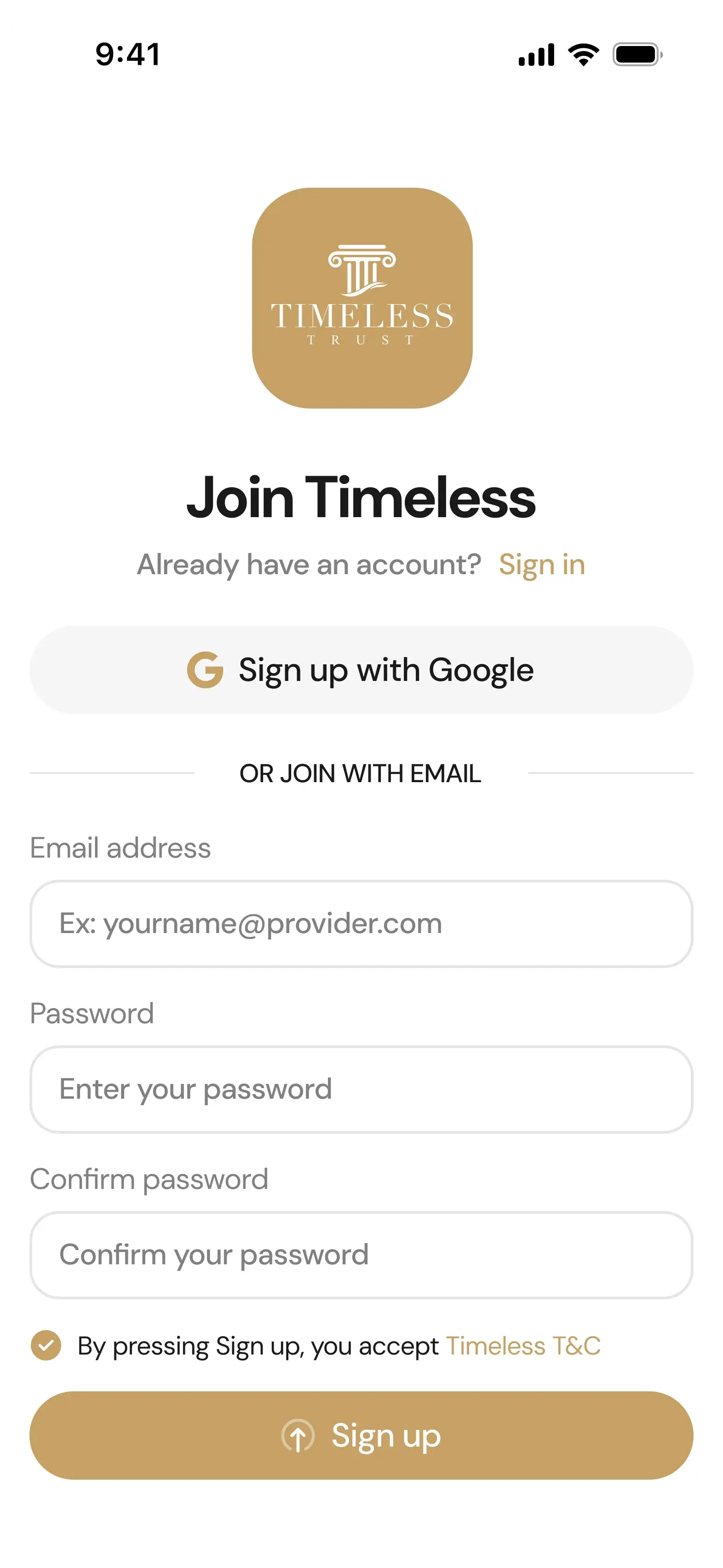 Join Timeless sign up screen