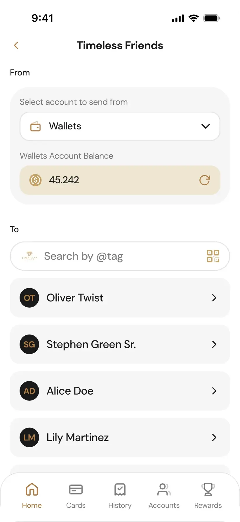 Transfer screen showing wallet balance and @tag search