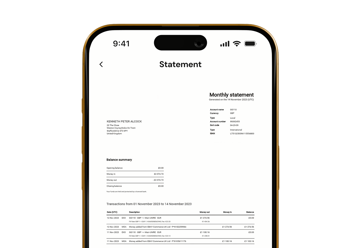 Detailed monthly bank statement document
