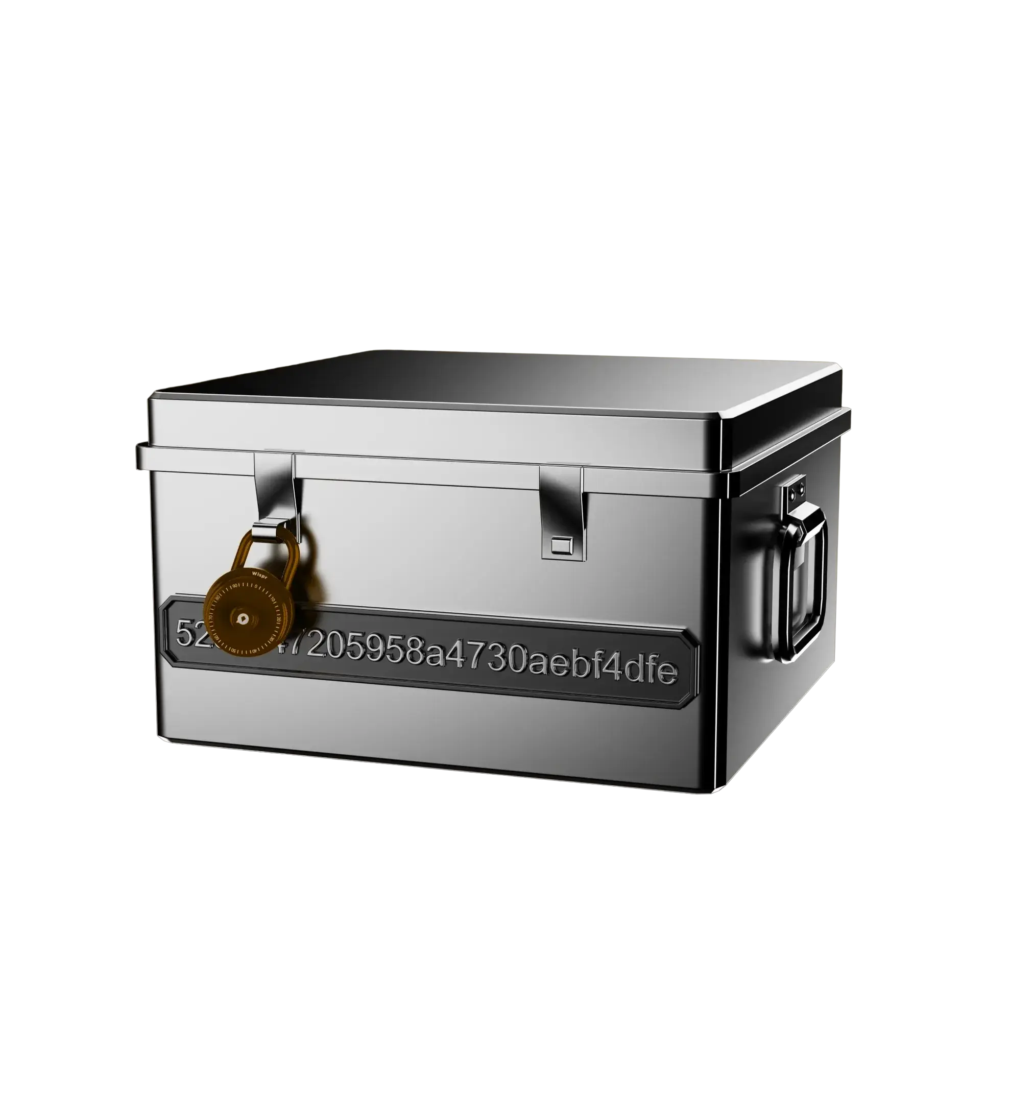 Encrypted data package represented as a locked metal case
