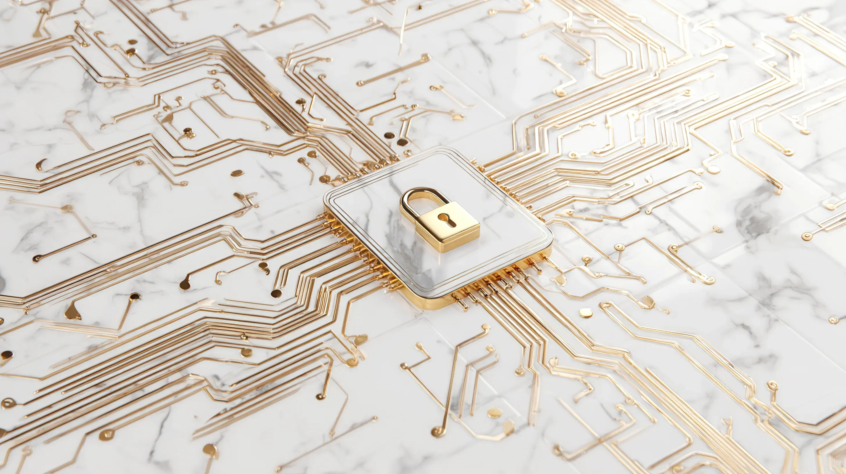 Encryption visualization with golden padlock on circuit board