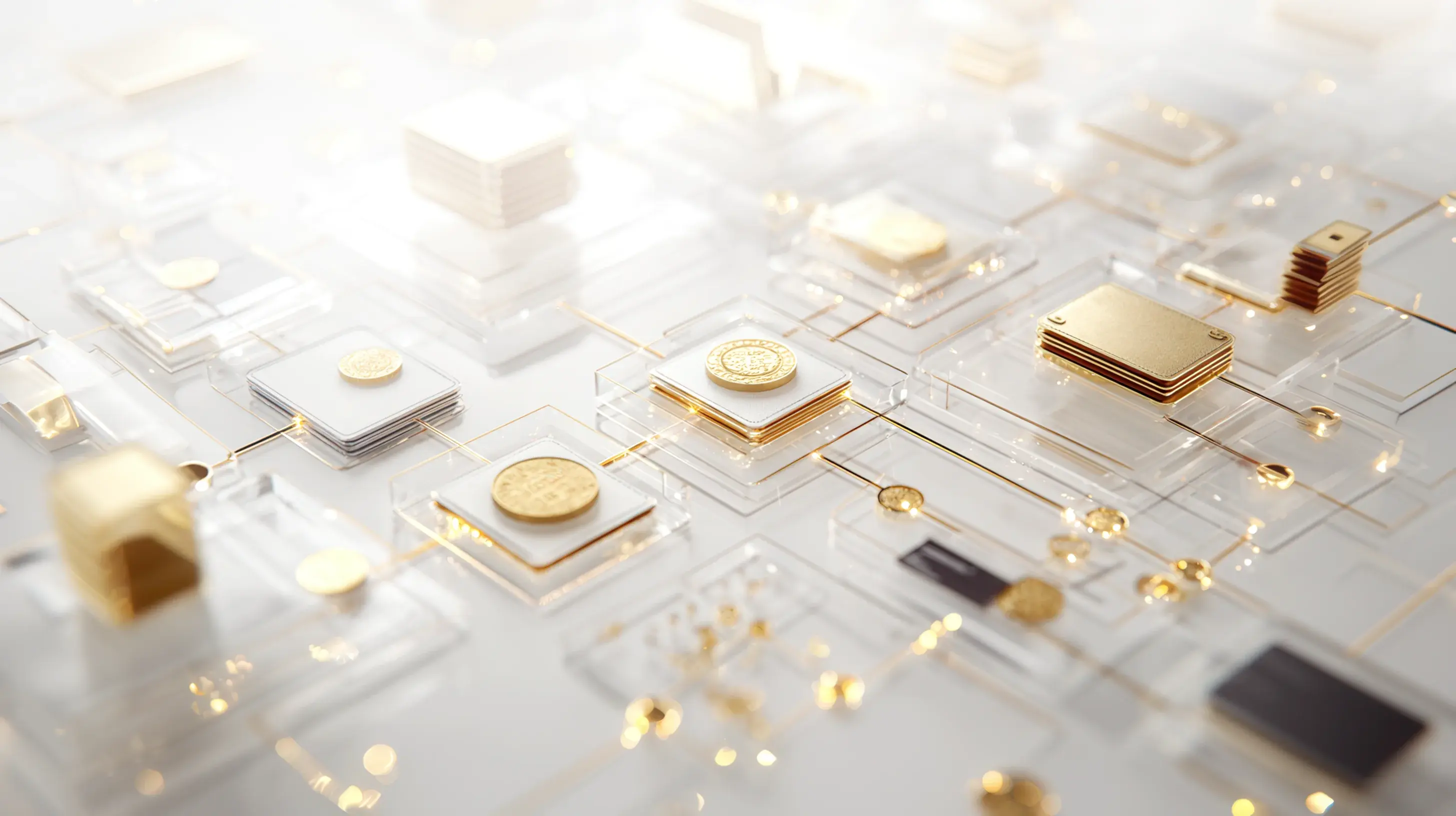 Circuit board with golden components representing private asset movement