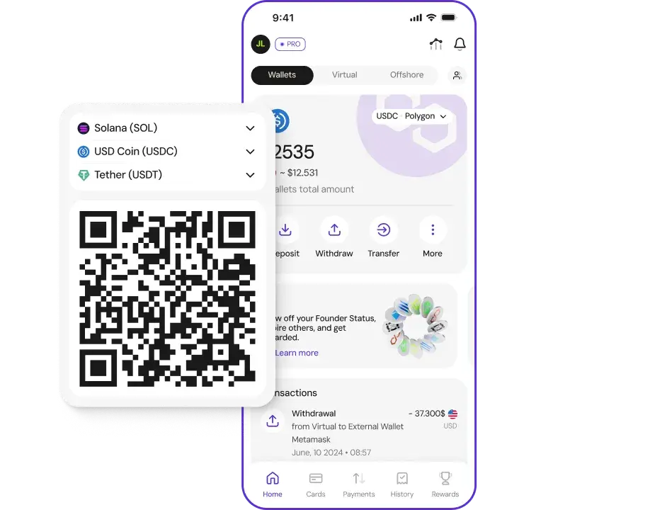Crypto deposit flow with QR code and dashboard